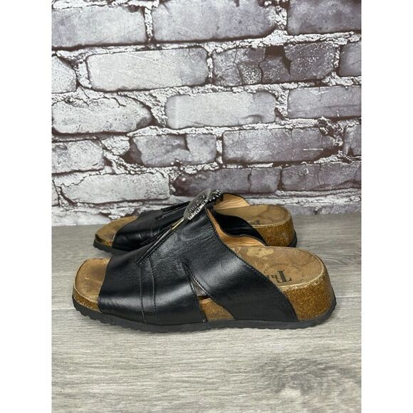 Think! Black Leather Cork Sun Moon Silver Wedge Sandals Women Sz 37EU/6.5M US - Picture 8 of 16